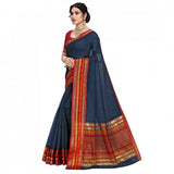 Navy blue Kota Doria cotton bordered saree with blouse for women, suitable for casual and festive wear