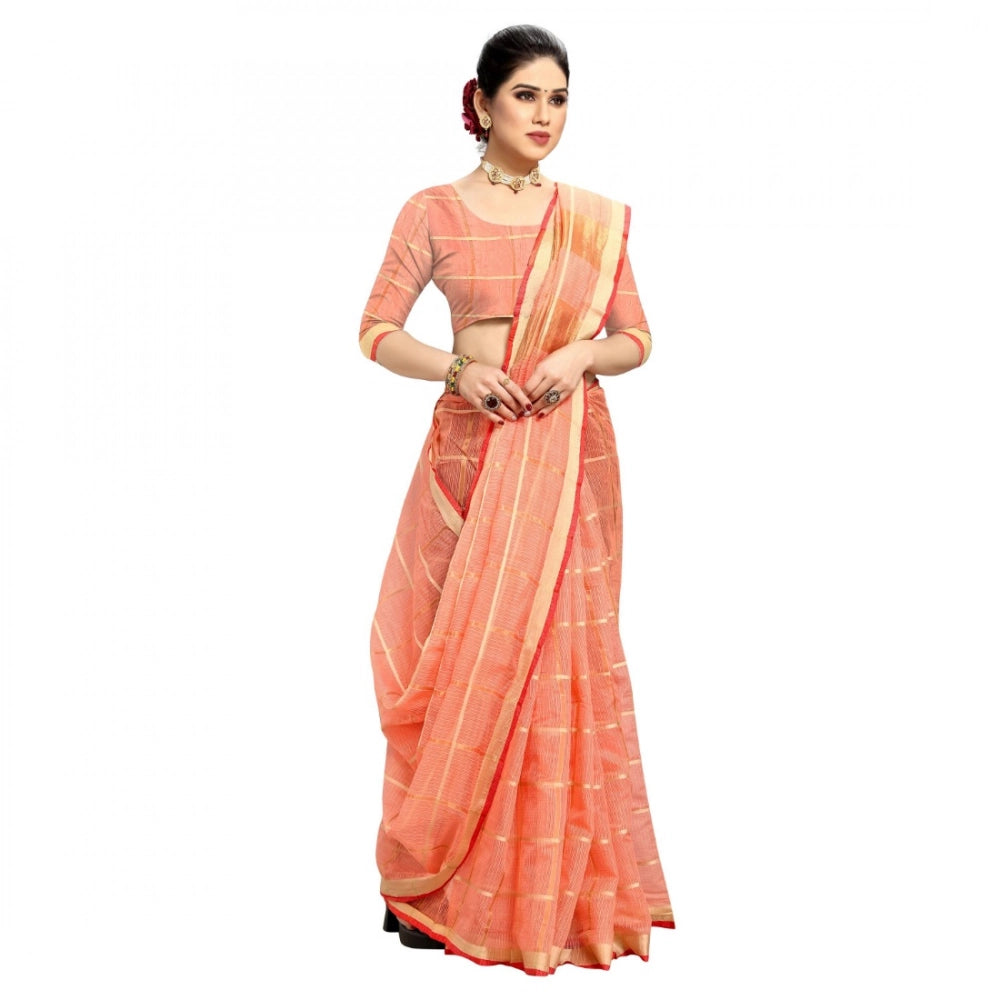 Peach Kota Doria cotton checked saree with blouse (5-6 mtrs), perfect for casual and festive wear