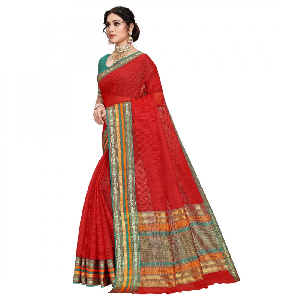 Red Kota Doria cotton bordered saree with blouse for women, suitable for casual and festive wear