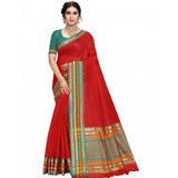 Red Kota Doria cotton bordered saree with blouse for casual and festive wear (5-6 mtrs)