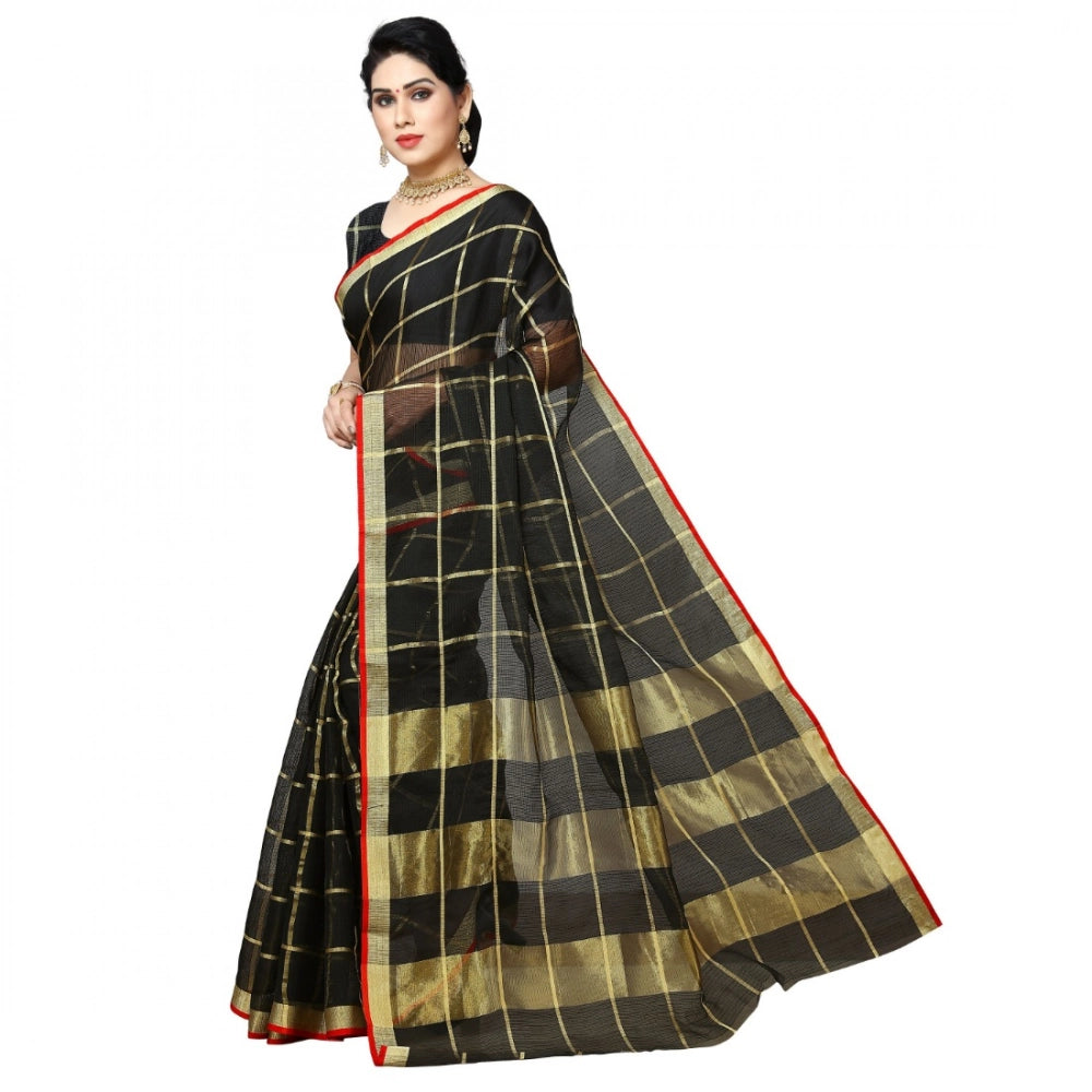 Black Kota Doria cotton checked saree with blouse for casual and festive wear (5-6 mtrs)