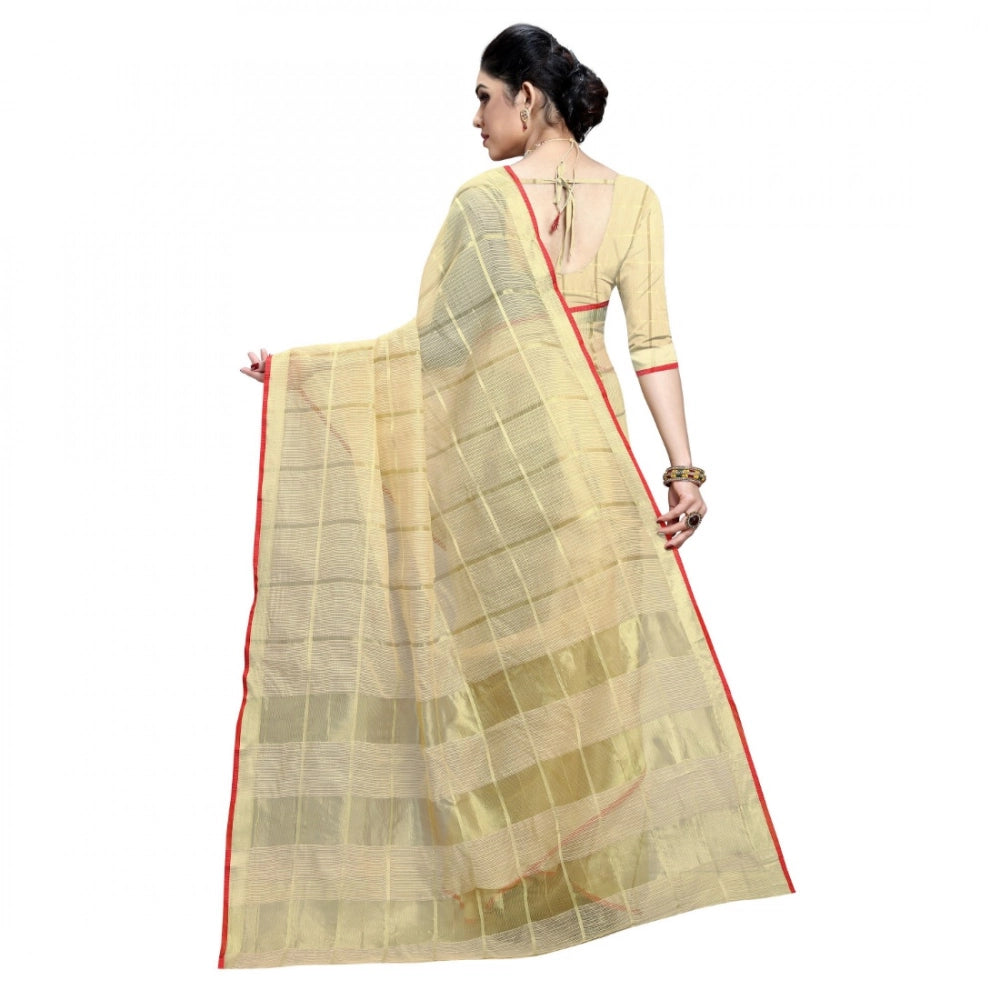 Beige Kota Doria cotton checked saree with blouse (5-6 mtrs) for casual and festive wear