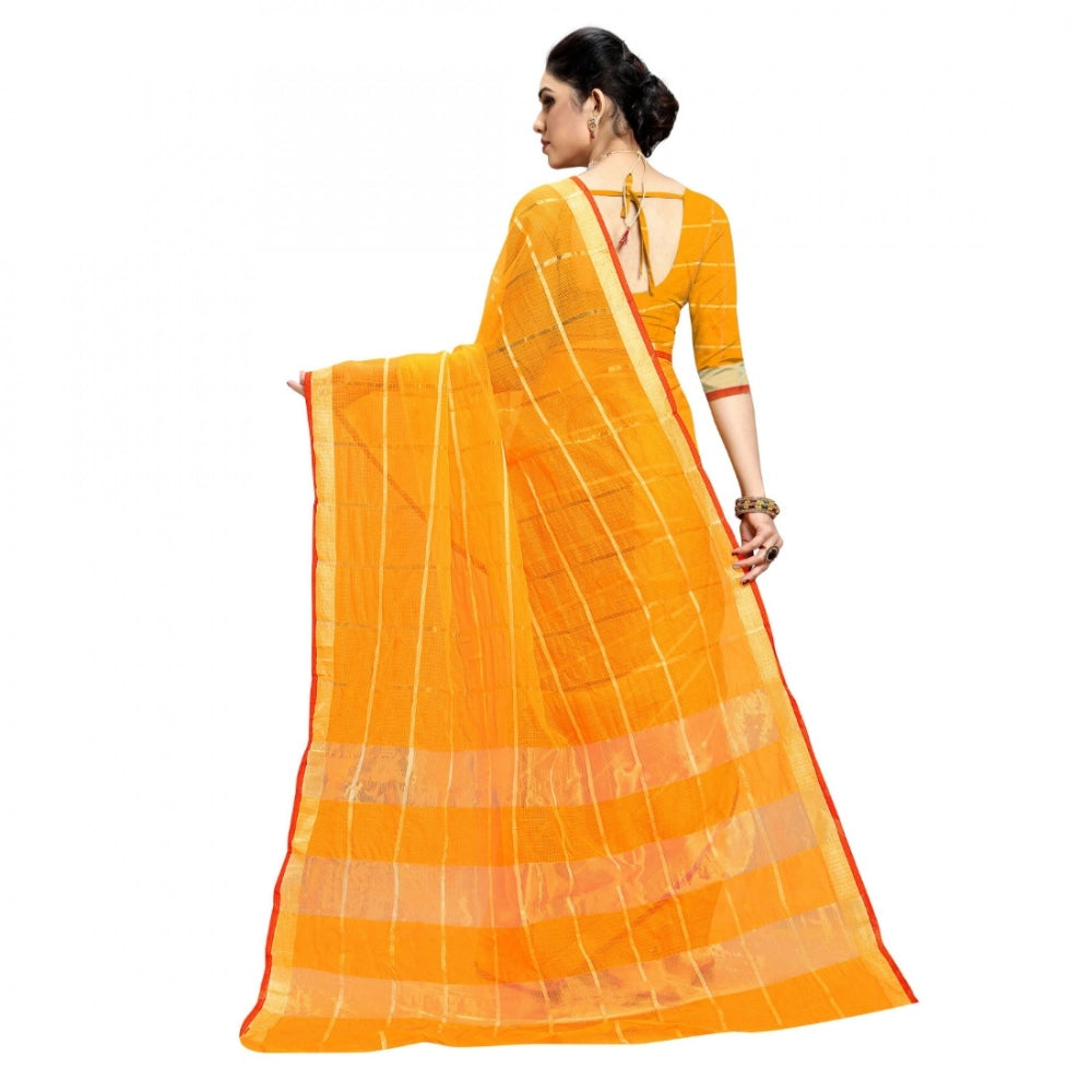Yellow Kota Doria cotton checked saree and blouse, 5-6 meters length for casual and festive wear