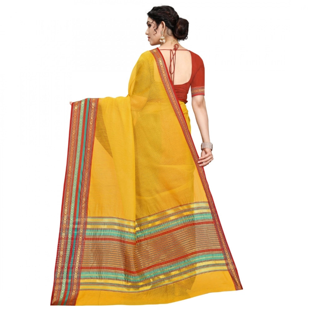 Yellow Kota Doria cotton bordered saree with blouse (5-6 mtrs), suitable for casual and festive wear