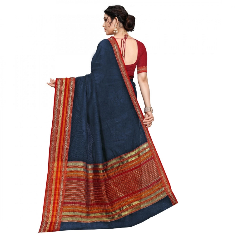 Navy blue Kota Doria cotton bordered saree with blouse for casual and festive wear on a mannequin