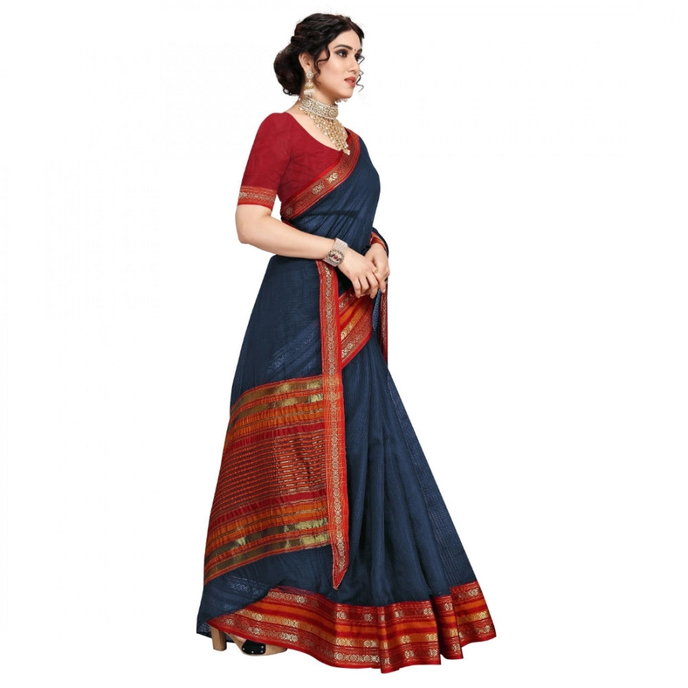 Navy blue Kota Doria cotton bordered saree with blouse for casual and festive wear (5-6 mtrs)