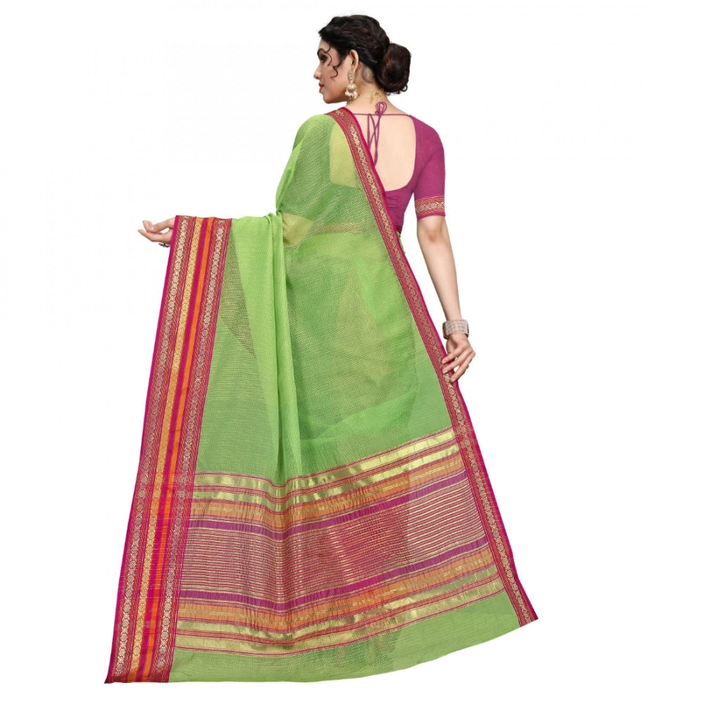 Light green Kota Doria cotton bordered saree with blouse for casual and festive wear, 5-6 meters long