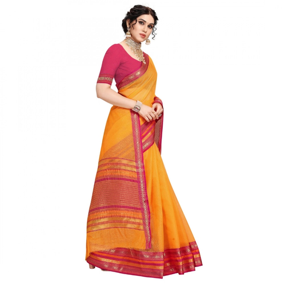 Gold Kota Doria cotton bordered saree with blouse for women, 5-6 meters, ideal for casual and festive wear