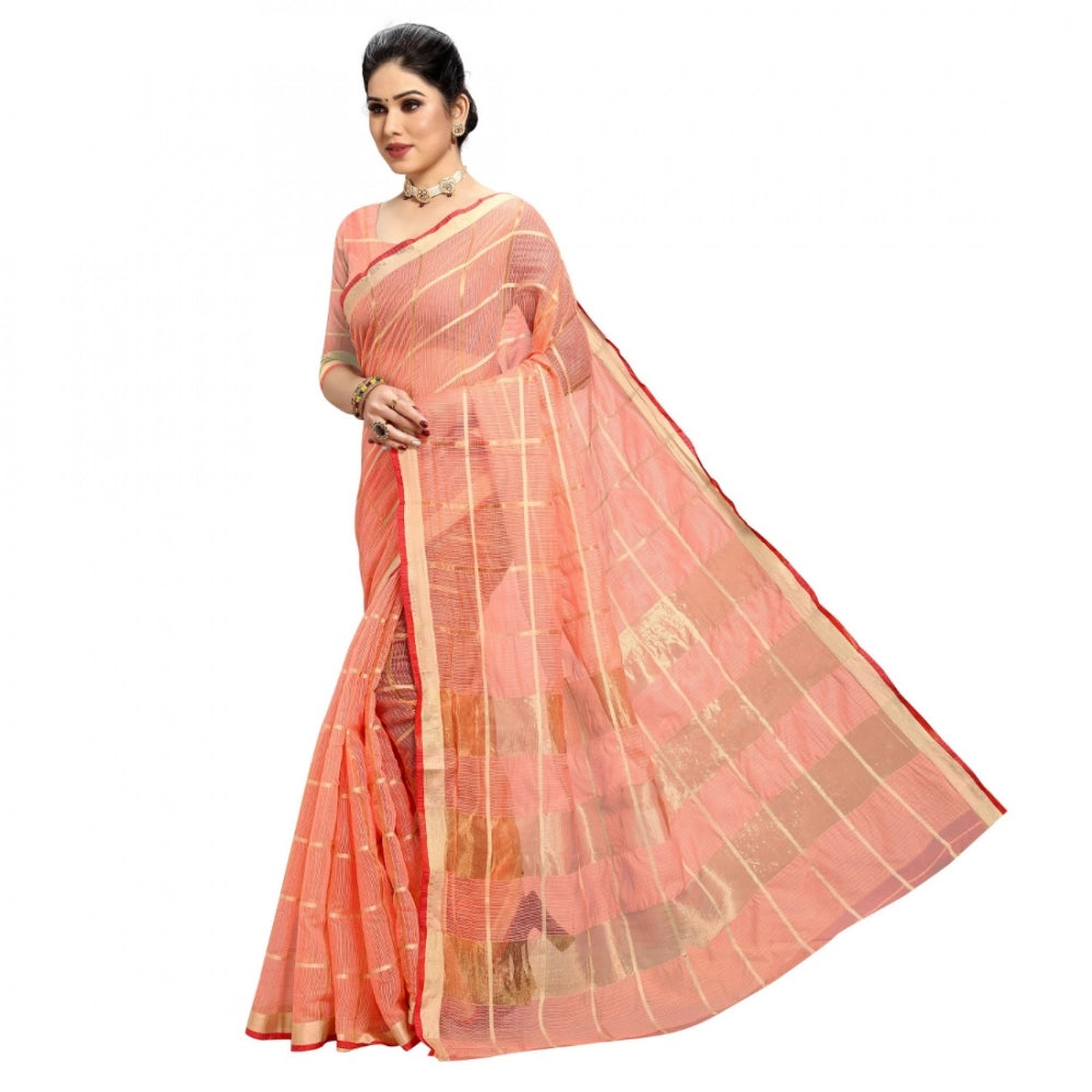 Peach Kota Doria cotton checked saree with blouse (5-6 meters), perfect for casual and festive wear