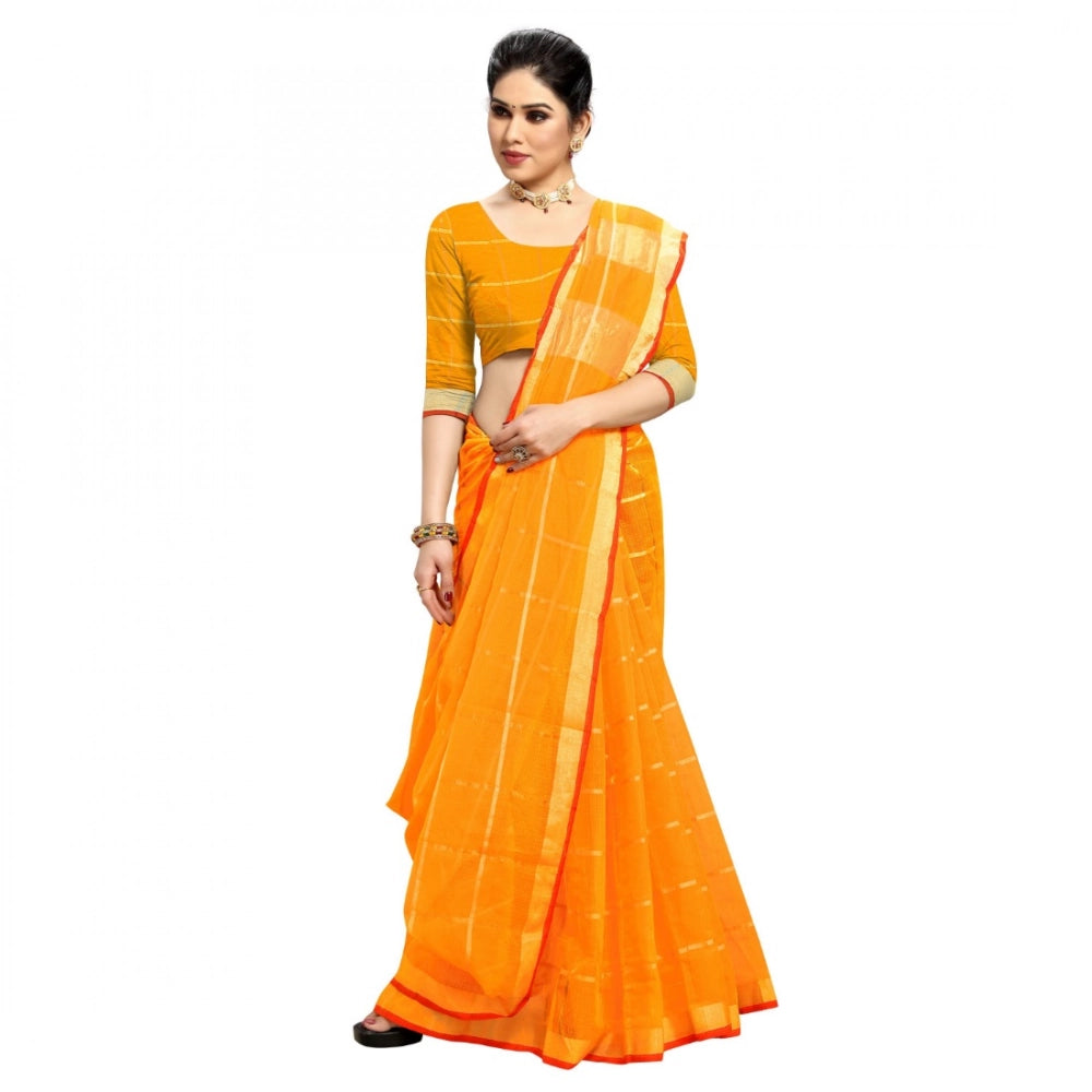 Yellow Kota Doria cotton checked saree with blouse (5-6 mtrs), suitable for casual and festive wear