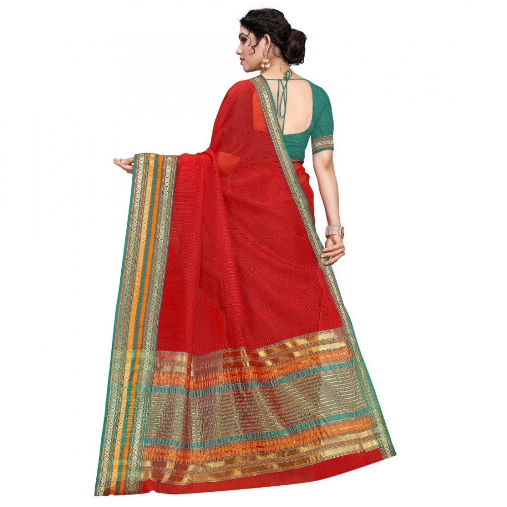 Red Kota Doria cotton bordered saree with blouse for casual and festive wear (5-6 mtrs)