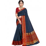 Navy blue Kota Doria cotton bordered saree with blouse, suitable for casual and festive wear