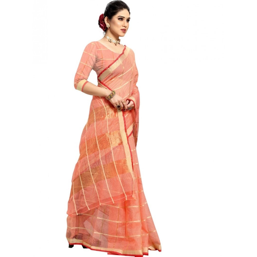 Peach Kota Doria cotton checked saree with blouse for women, 5-6 meters, perfect for casual and festive wear