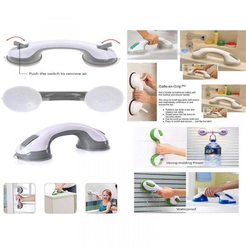Assorted color strong suction cup hand grip for any flat surface, works on tile, glass, acrylic & fiberglass. Portable and easy to install without tools, ideal for bathroom, kitchen, or stairs. Installs in seconds with no drilling required