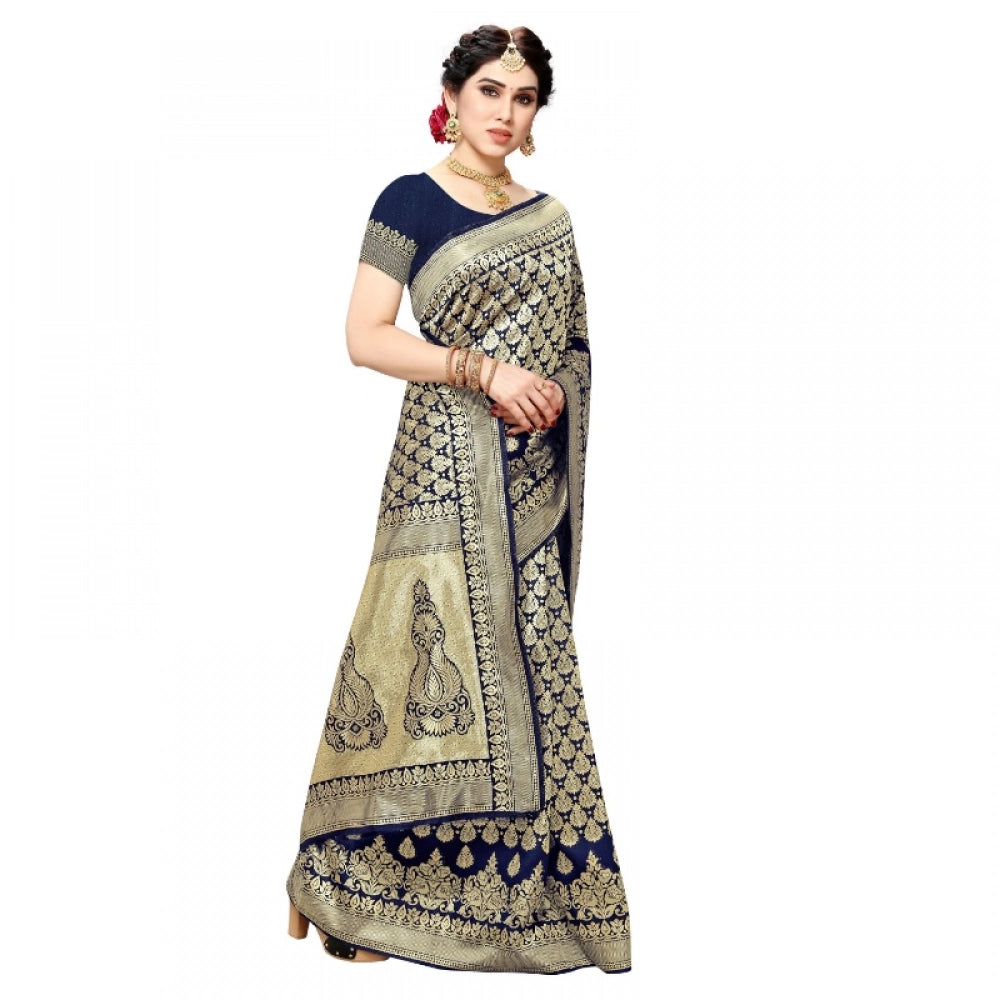 Navy Blue Kanjivaram Jacquard Silk Saree with Blouse on mannequin for casual and festive wear
