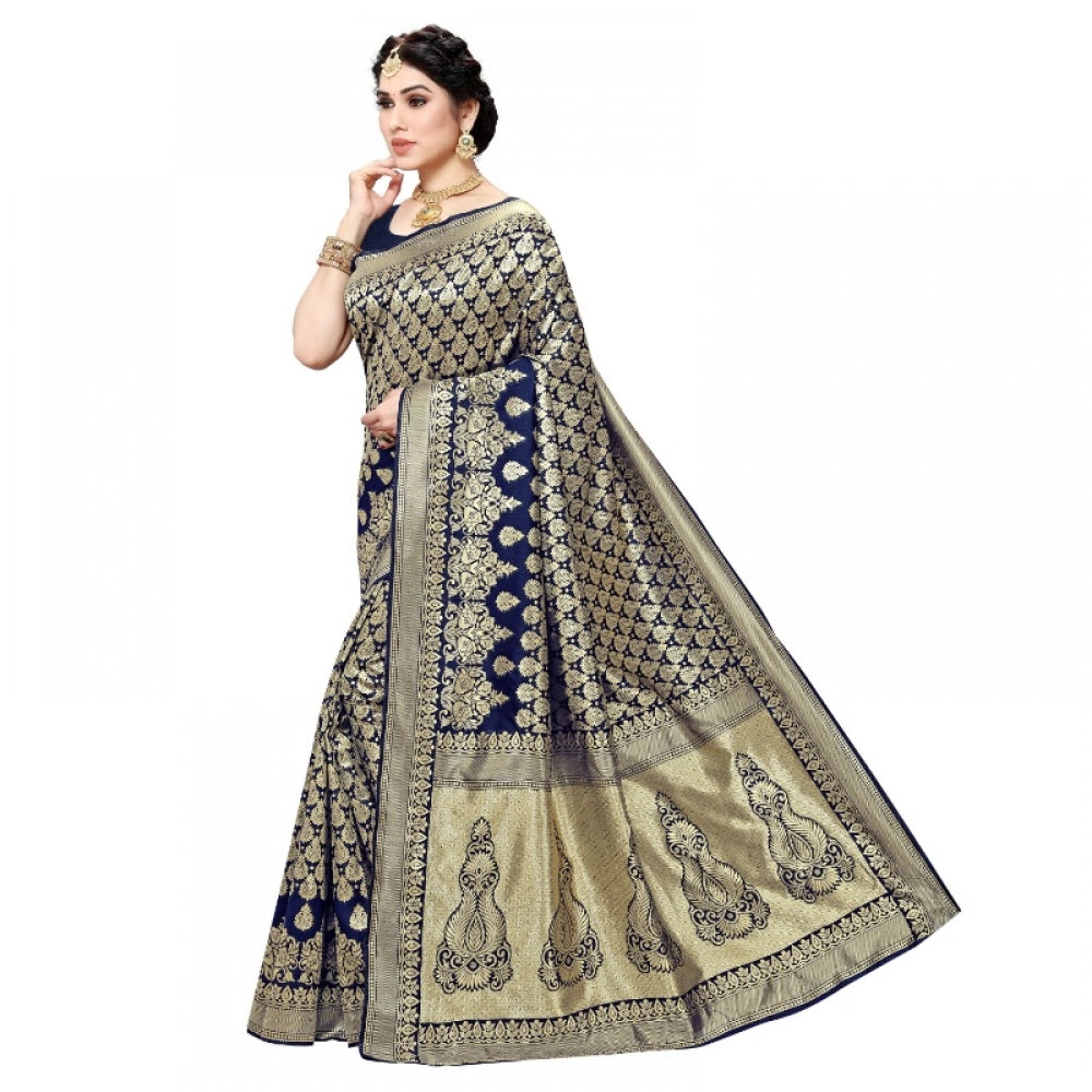 Navy Blue Jacquard Silk Kanjivaram Saree with Blouse (5-6 Mtrs) - vibrant traditional Indian attire for casual or festive occasions