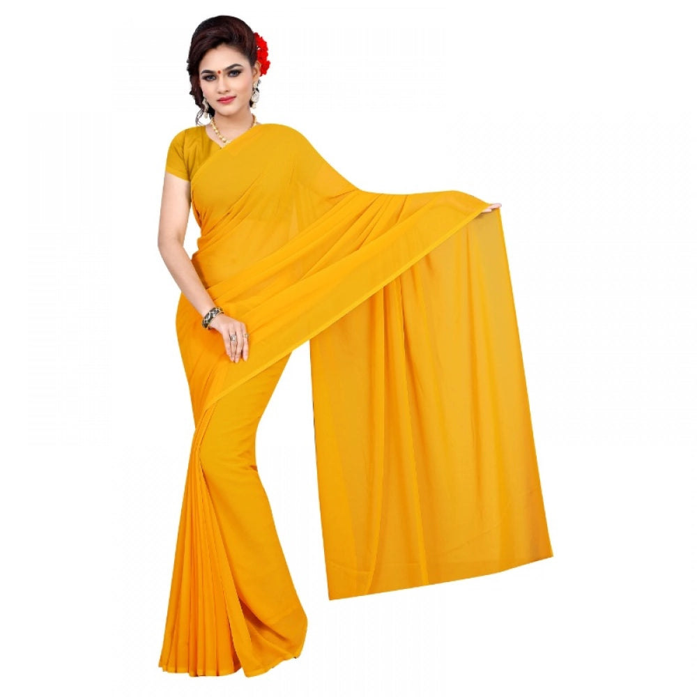 Gold georgette plain saree with blouse (5-6 meters), suitable for casual and festive wear