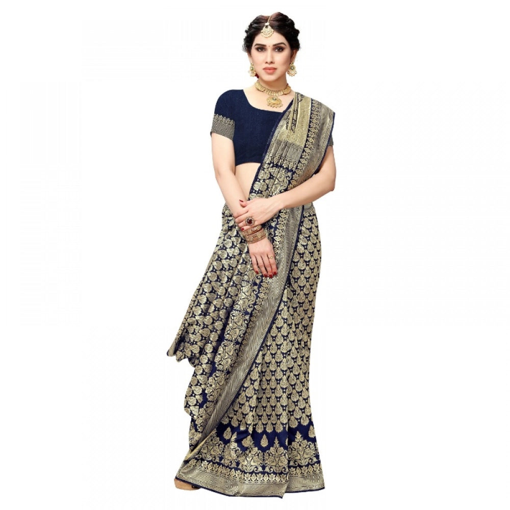 Navy Blue Jacquard Silk Kanjivaram Saree with Blouse (5-6 mtrs), traditional Indian formal wear for women
