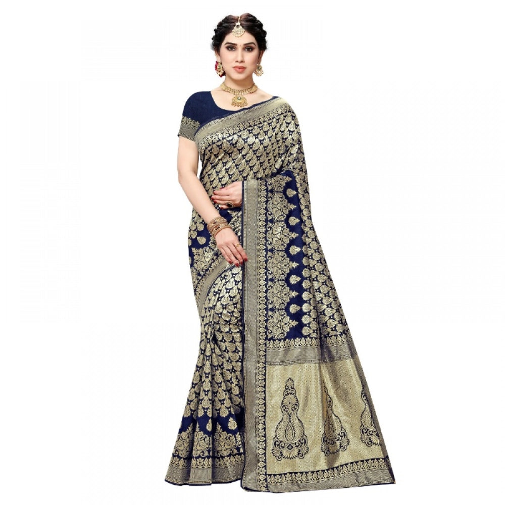 Navy blue jacquard silk Kanjivaram saree with blouse (5-6 mtrs) for women's casual and festive wear