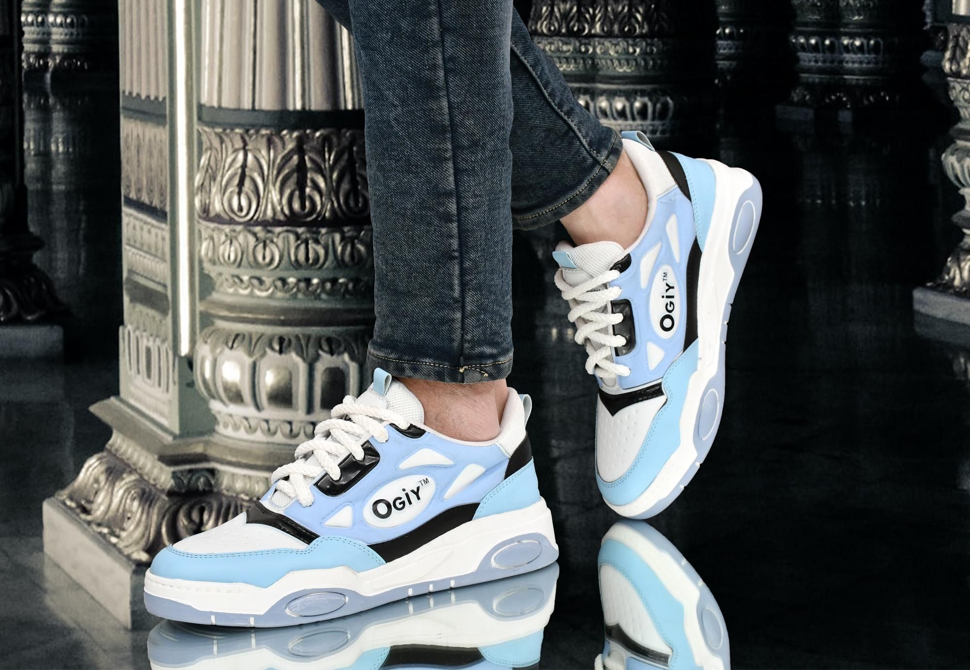 Light blue synthetic sneakers for men, casual lace-up design, UK/IND size 6, US/EU size 40, trendy casual footwear accessory