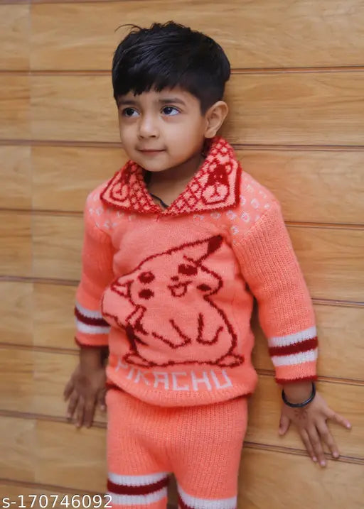 Woolen/wool peach striped hooded sweater with pyjama pant collar, warm winter clothing set for 1-2 years baby girls & boys