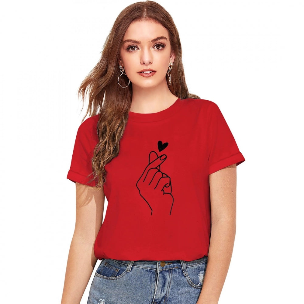 Red cotton western wear t-shirt, printed design for women's casual fashion, machine washable (S36, M38, L40, XL42)