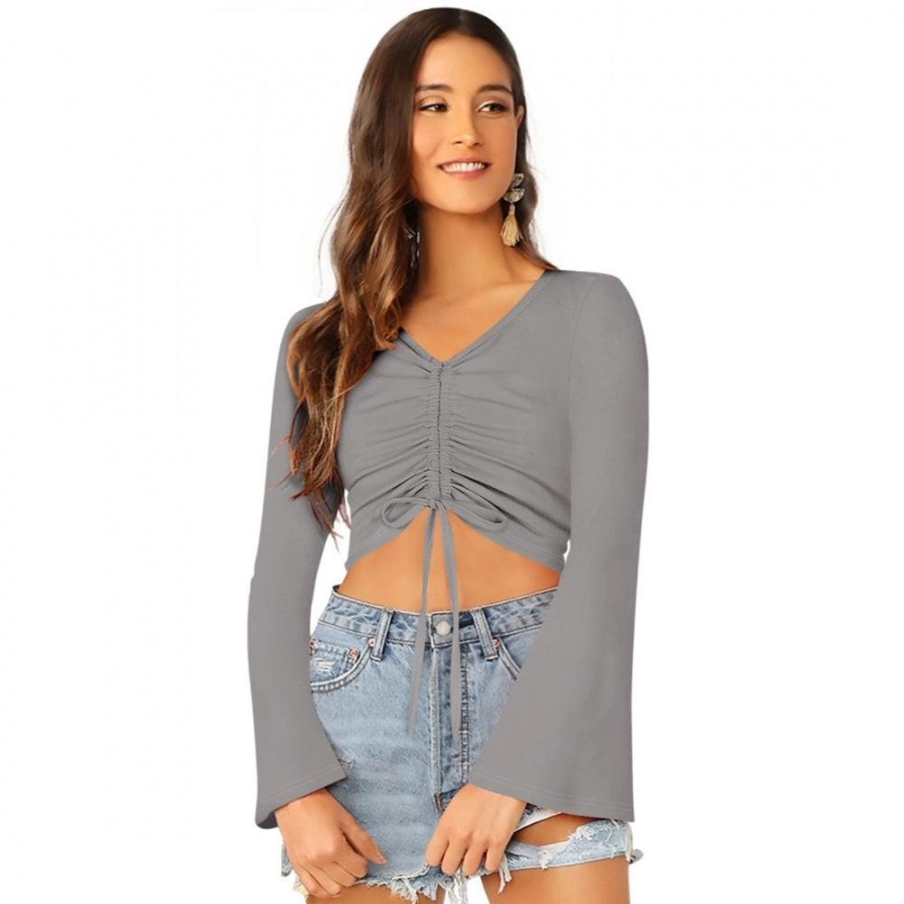 Grey 95% Polyester 5% Spandex Western Wear top for women, solid style on mannequin