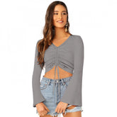 Grey 95% Polyester 5% Spandex Western Wear top for women, solid style on mannequin