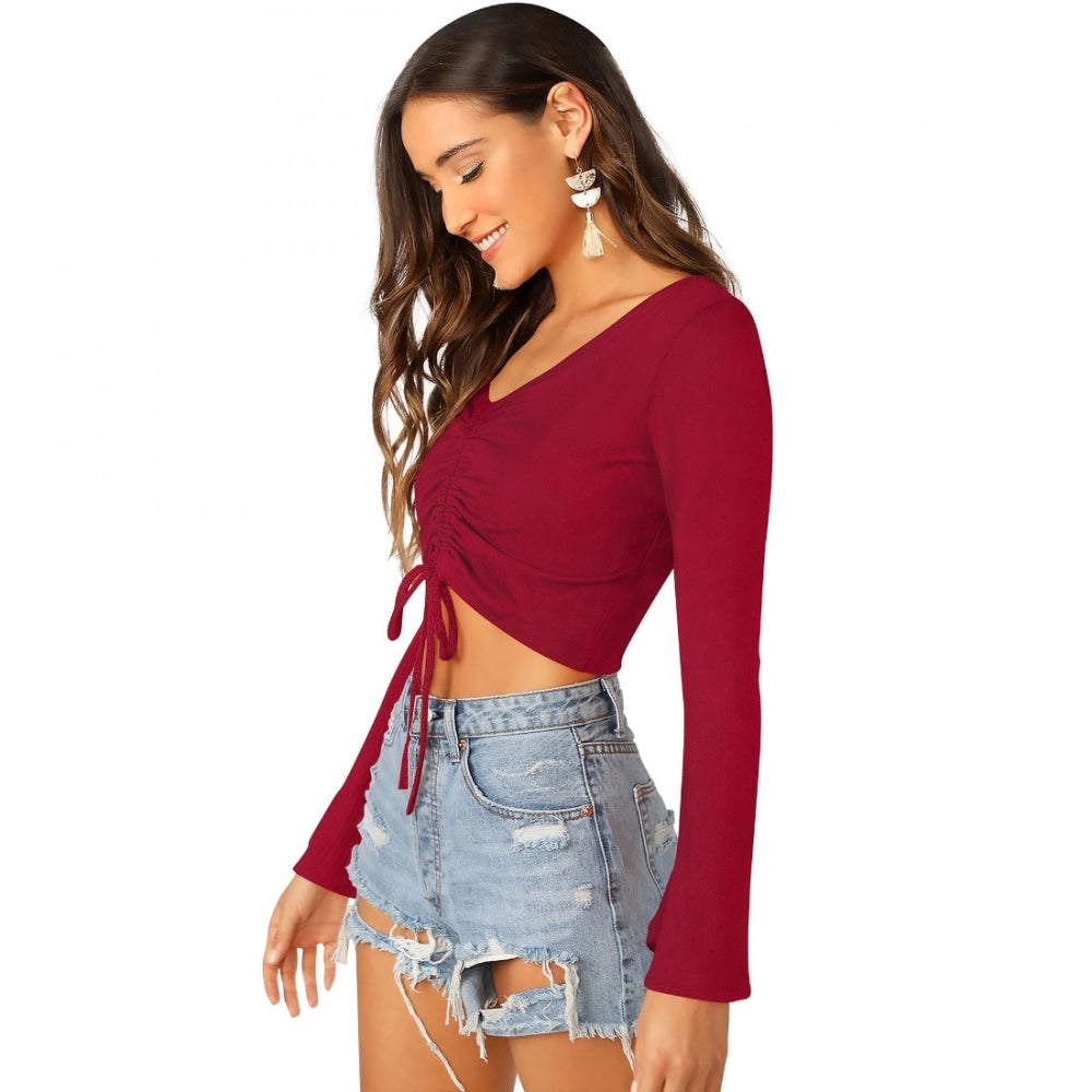Maroon solid-pattern Western wear top for women, 95% polyester 5% spandex