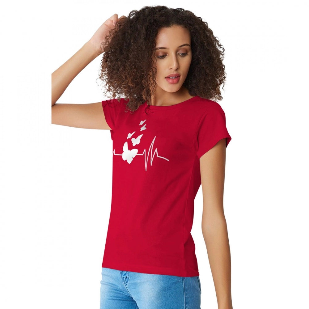 Red cotton western wear T-shirt, printed design for women's fashion, machine washable size chart: S36, M38, L40, XL42