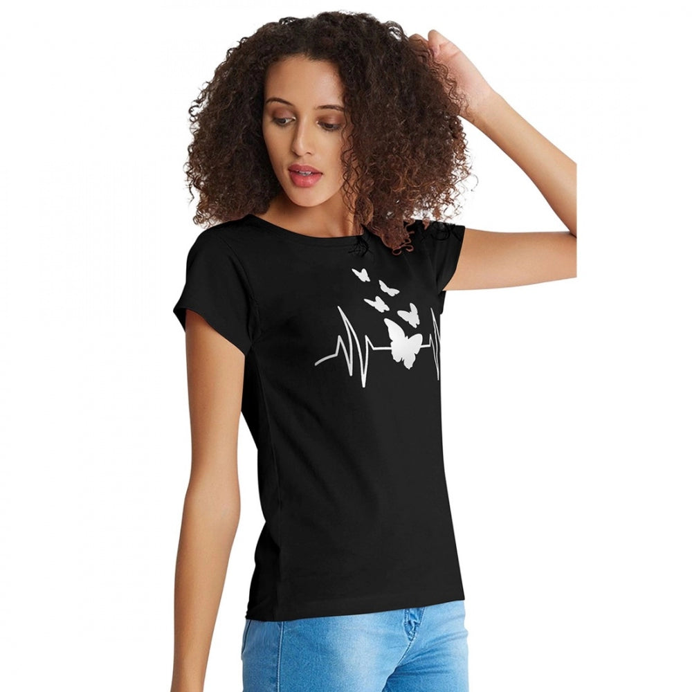 Black cotton western wear T-shirt, printed design for women's casual style (S36, M38, L40, XL42)