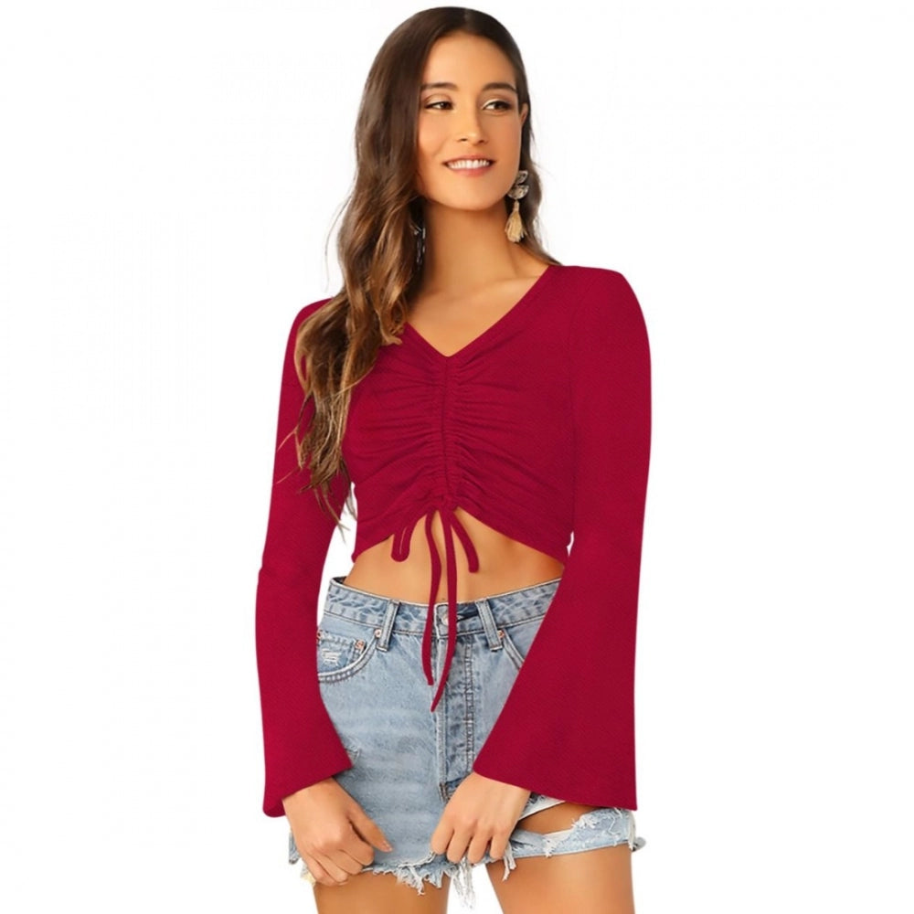 Maroon solid 95% polyester 5% spandex western wear top for women, ideal for fashionable outfits with stretch