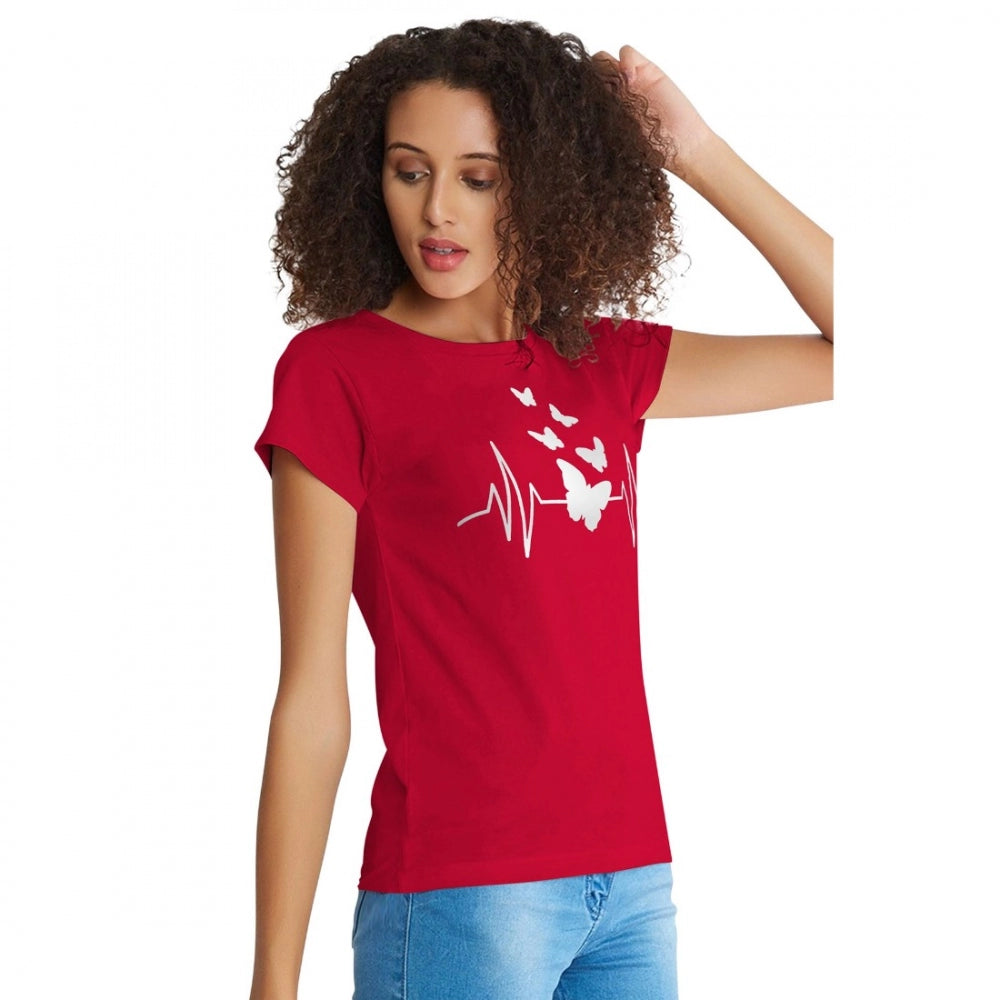 Red printed cotton western wear t-shirt for women, suitable for machine wash or hand wash