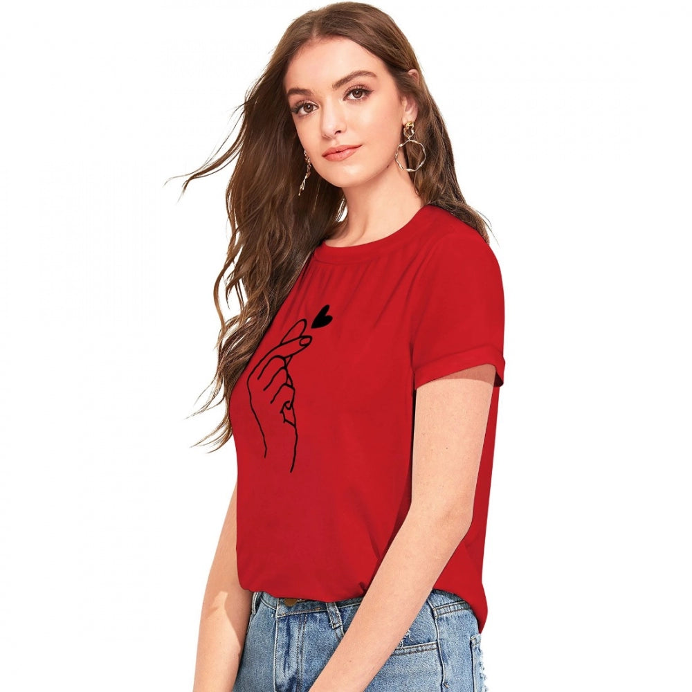 Red cotton western wear t-shirt, printed pattern for women's fashion, machine washable (S36, M38, L40, XL42)