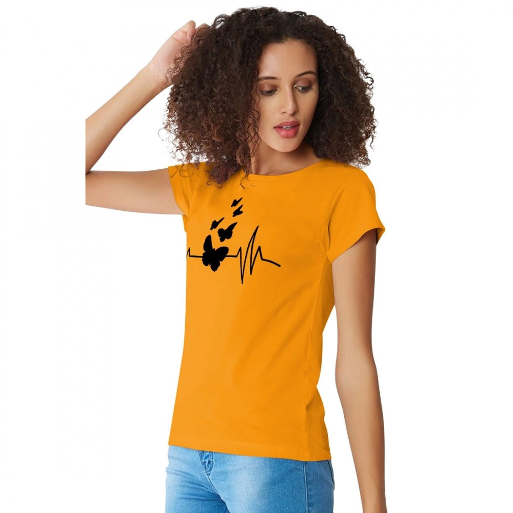 Yellow cotton western wear T-shirt, printed design for women's fashion, machine or hand washable (S36, M38, L40, XL42)