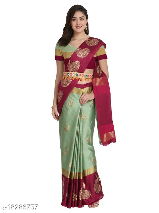 Soft silk saree with rich floral border, single free size Indian designer saree on mannequin