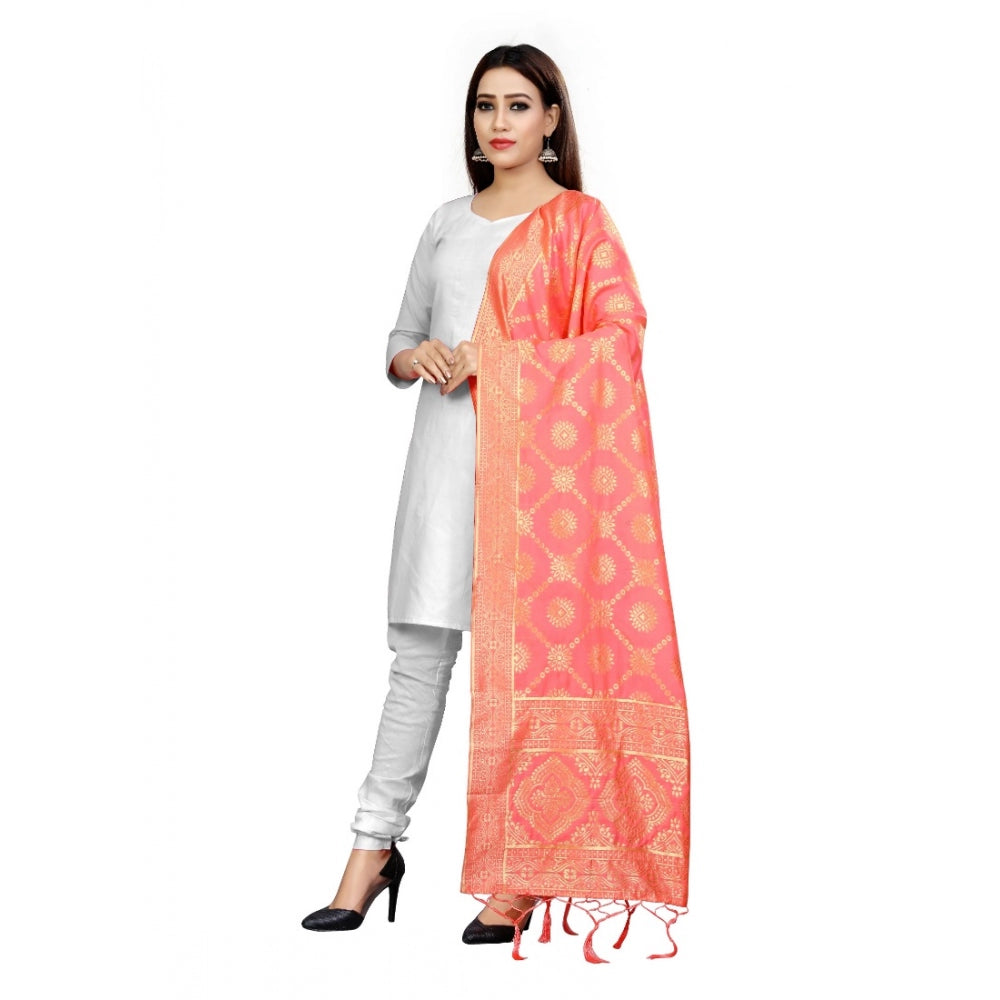 Peach Banarasi silk floral printed dupatta, 2-2.4 mtr length, intricate floral design on women's traditional wear