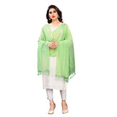 Parrot green cotton silk strips printed dupatta for women, length 2-2.4 mtr on mannequin