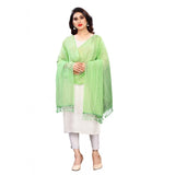 Parrot green cotton silk strips printed dupatta for women, length 2-2.4 mtr on mannequin