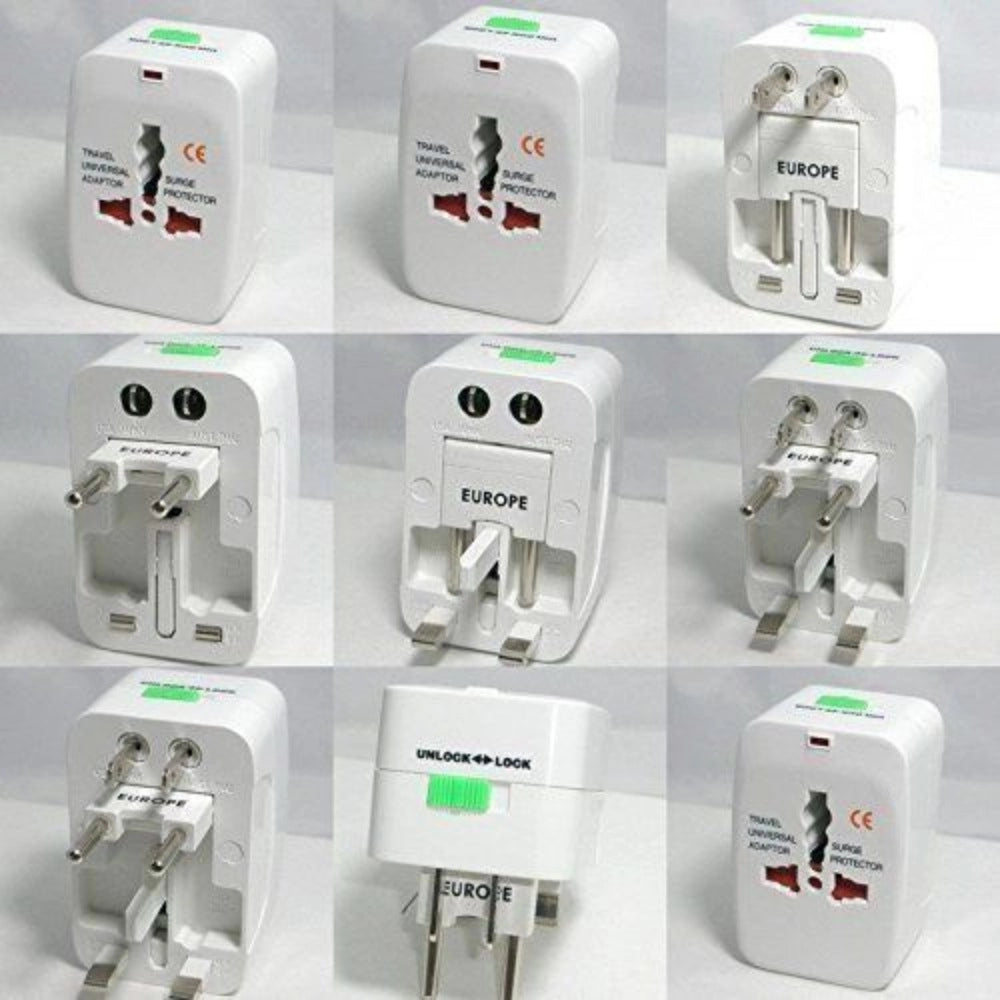White universal travel adapter, 125V 6A surge-protected with 250V electrical plug, ideal for various devices and electronics