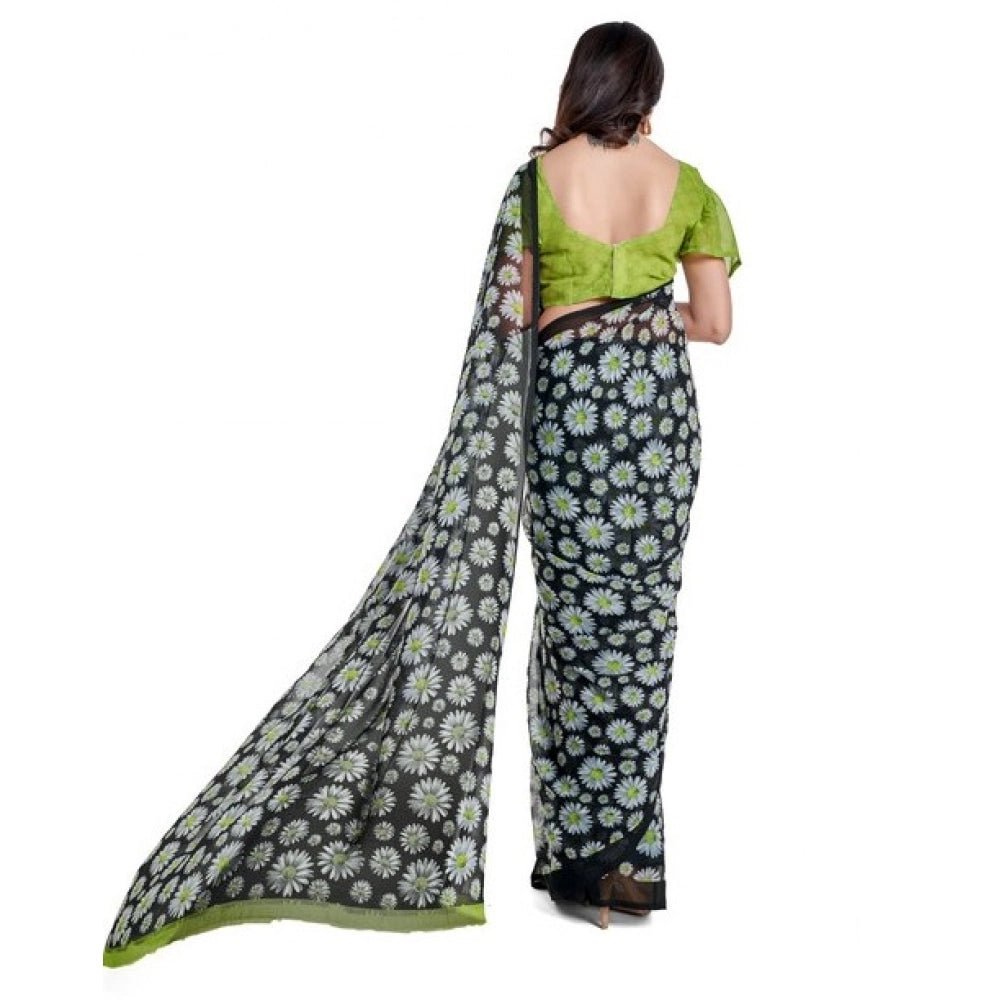 Green Georgette Saree with Unstitched Blouse (5-6mtrs), for casual and festive wear