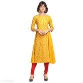 Yellow poly crepe A-line kurti, three-quarter sleeves, printed combo. Women's fashion, Indian apparel