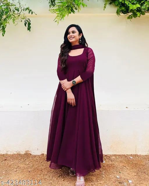 Georgette gown set with matching 2m dupatta, best quality Indian bridal wear in S-XXL, featuring three-quarter sleeves, gold lace accents, and detailed stitching