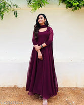 Georgette gown set with matching 2m dupatta, best quality Indian bridal wear in S-XXL, featuring three-quarter sleeves, gold lace accents, and detailed stitching