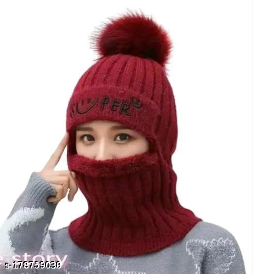 Maroon KANEEKSHI Faux Fur Pompom cap with face mask, self-designed woolen winter accessory