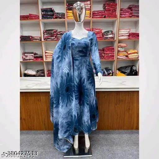Georgette printed anarkali gown with long sleeves, designer women's fashion from India