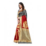 Grey & Red Banarasi Silk Saree set with unstitched blouse, ideal for casual or festive wear