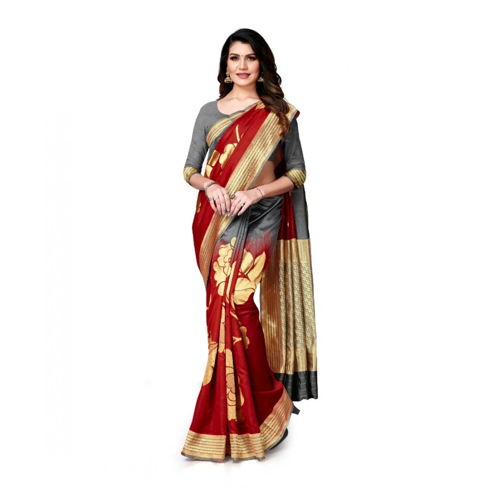 Grey and red Banarasi silk saree with blouse for women, 5-6 meters length on mannequin