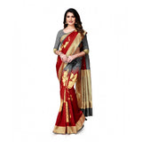 Grey and red Banarasi silk saree with blouse for women, 5-6 meters length on mannequin