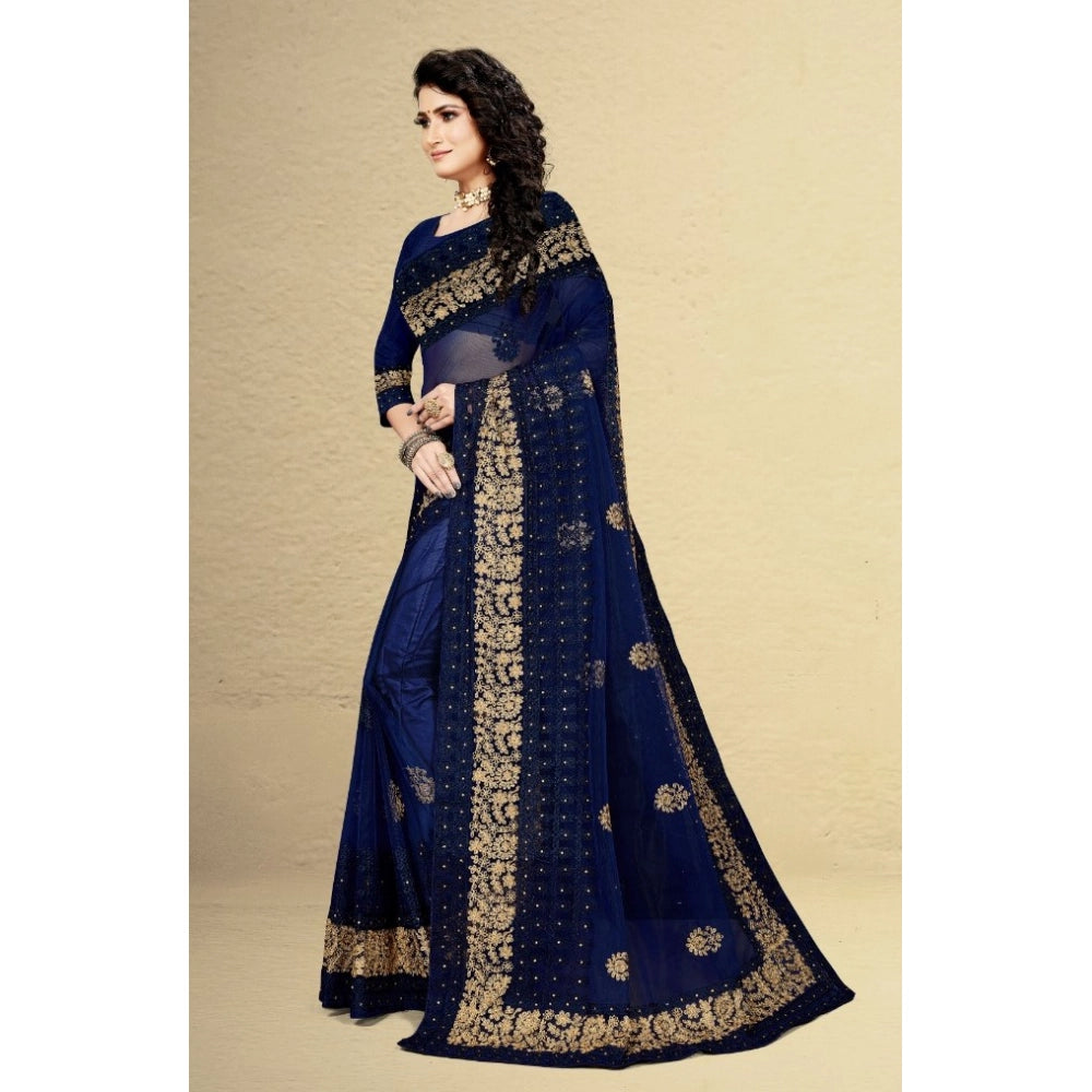 Navy Blue net saree with blouse, 5-6 meters length for women's casual, festive wear